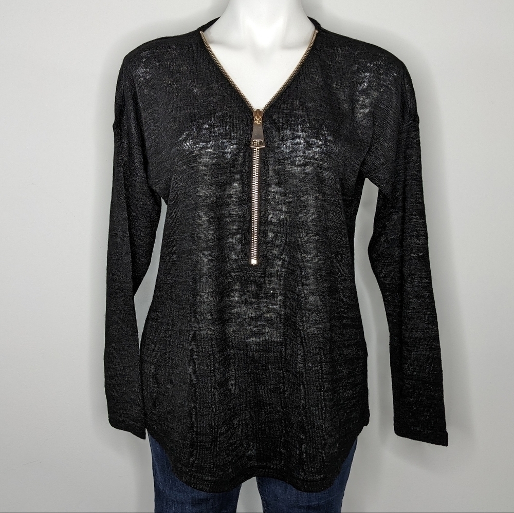 Soft Surroundings black gold zip accent v neck semi sheer sweater M